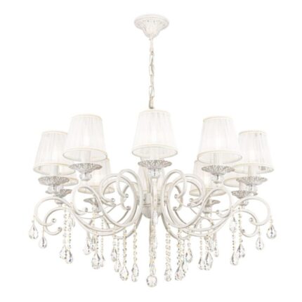 Lühter Grace, ARM247-10-G. Maytoni. Metallraam, valge kuldse viimistlusega. Plisseeritud valge organza lambivarjud. Kristallripatsid. Ideaalne lahendus kaasaegsesse elu- ja magamistuppa. 10 pirni  E14 (40W). Diameter 85 cm. Kõrgus 124 cm.