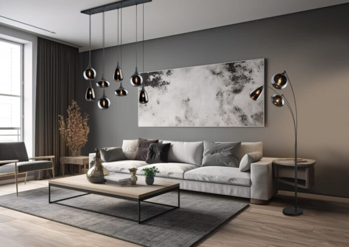 Panorama of luxury living room and dining area with sofa | Moder