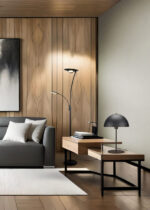 Interior of Living Room Modern style with Grey fabric sofa, Wood