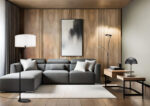 Interior of Living Room Modern style with Grey fabric sofa, Wood