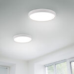 Suspended ceiling with modern LED lighting. Turned on lamps on the ceiling in office of white colours
