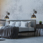 Loft style bedroom 3d rendering image.There are white brick wall