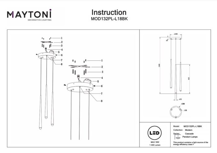Ripplamp, LED Cascade MOD132PL L18BK, Maytoni Saksamaa, LED skeem