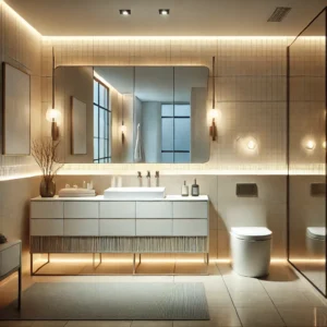 DALL·E 2024 12 12 11.21.22 A stylish bathroom interior showcasing elegant lighting designs. The scene includes a modern vanity with an illuminated mirror, soft LED lighting inte