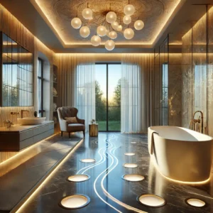 DALL·E 2024 12 12 11.21.32 A luxurious bathroom interior with unique lighting designs. Features include a freestanding bathtub near a large window, soft glowing lights embedded
