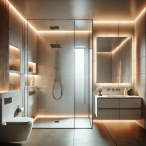 DALL·E 2024 12 12 11.21.43 A modern bathroom with soft, diffused lighting. The space includes a walk in shower with backlit wall niches, a large frameless mirror illuminated wit